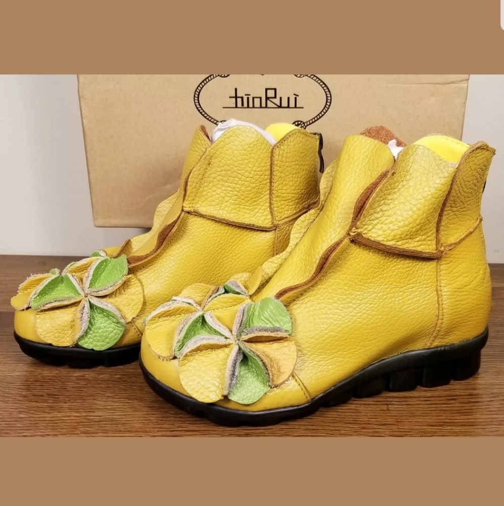 Hin Rui Yellow/Green Floral Ankle Boots Women's 6